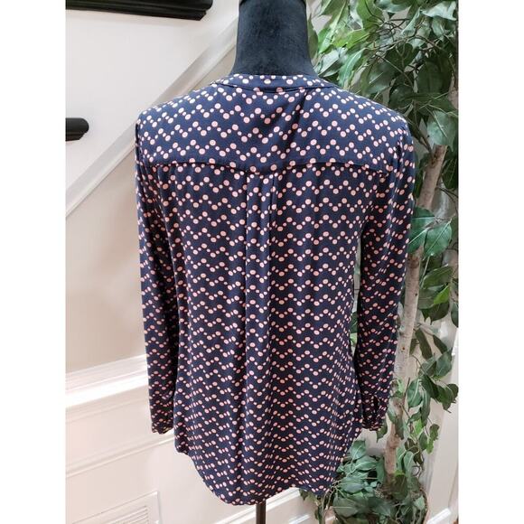 Anthropologie Maeve Navy Pink Polka Dot Long Sleeve Button Down V-Neck Blouse M - Picture 2 of 12